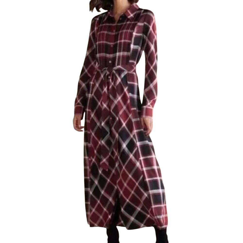 Soft‎ Surroundings Gayle Maxi Dress Size 20W Cabernet Plaid Belted Shirt Dress